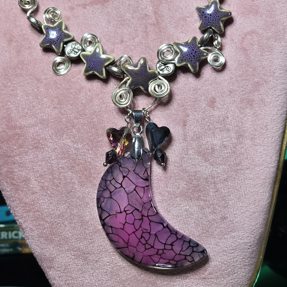 "Moon & Stars" Purple Crescent Moon Pendant Necklace - Women Jewelry